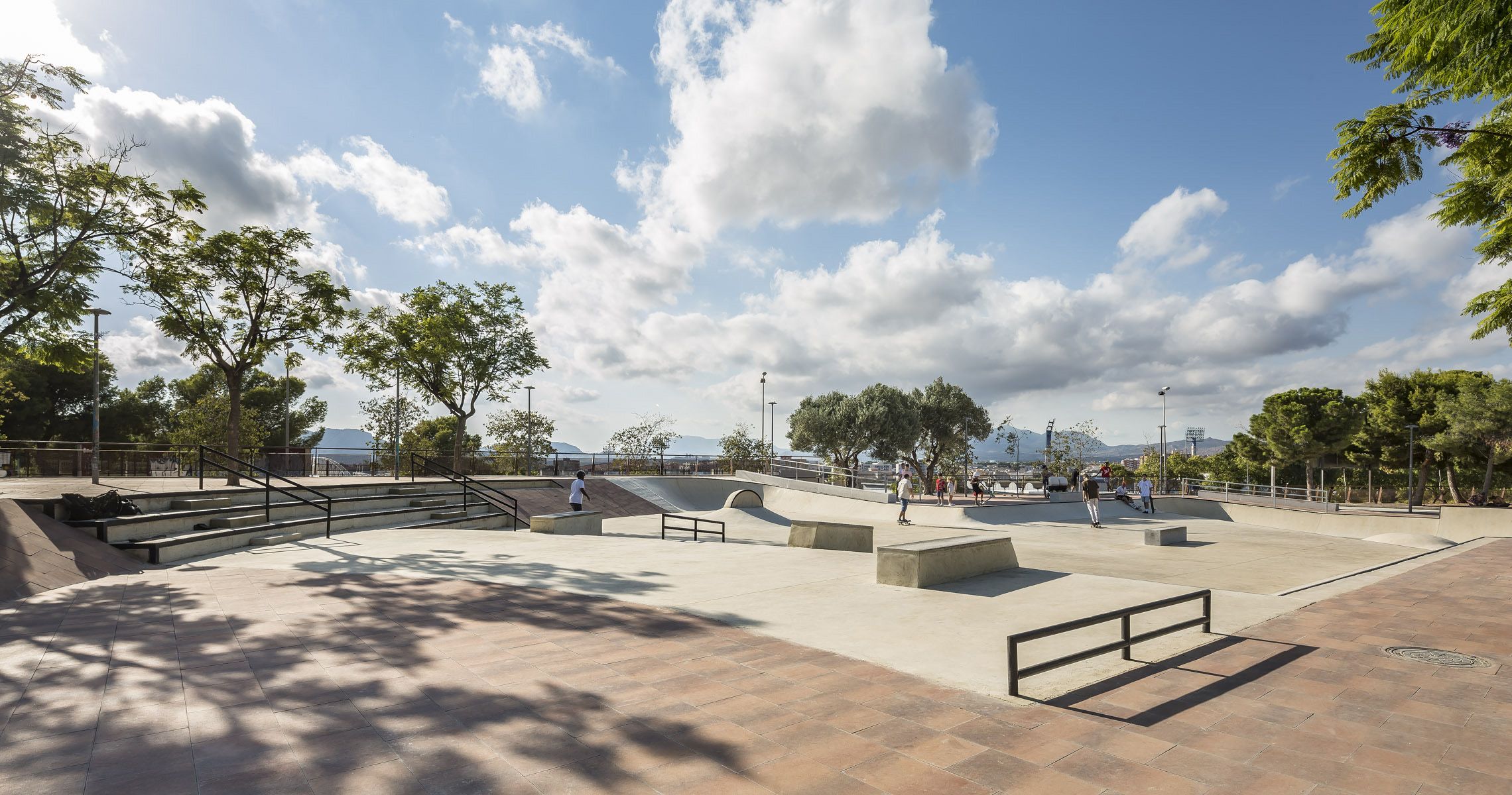 Skatepark, pavimento, losa, llosa, adoquín, parque